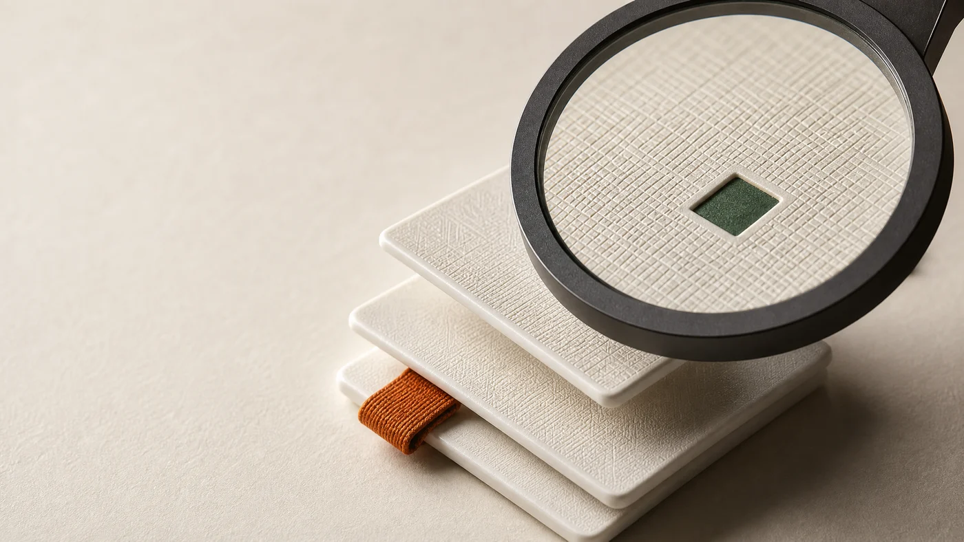 Layered reference sheets and an inspection lens, illustrating focused expertise and review.