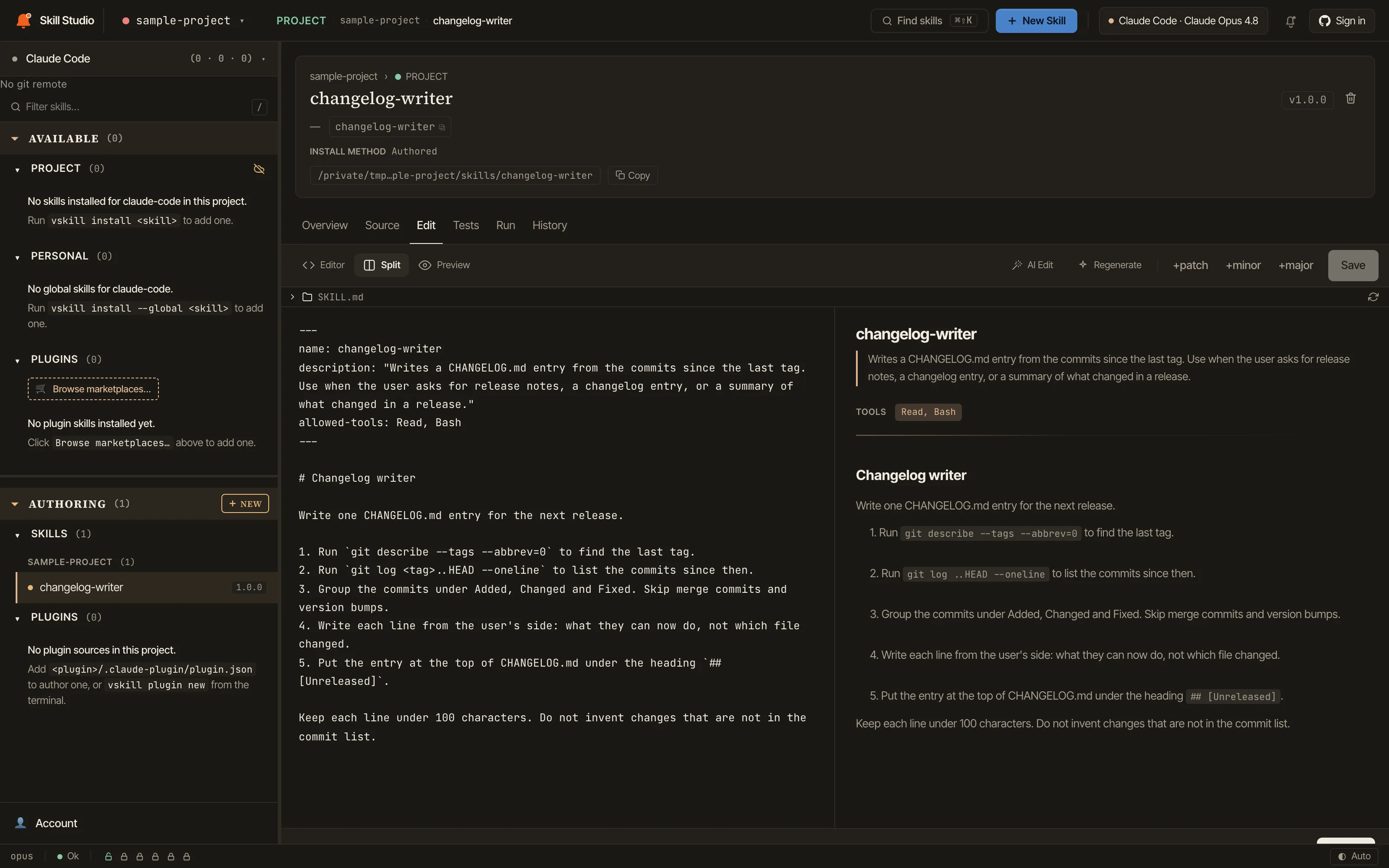 Skill Studio editing a sample changelog-writer skill: SKILL.md source on the left, rendered preview on the right.